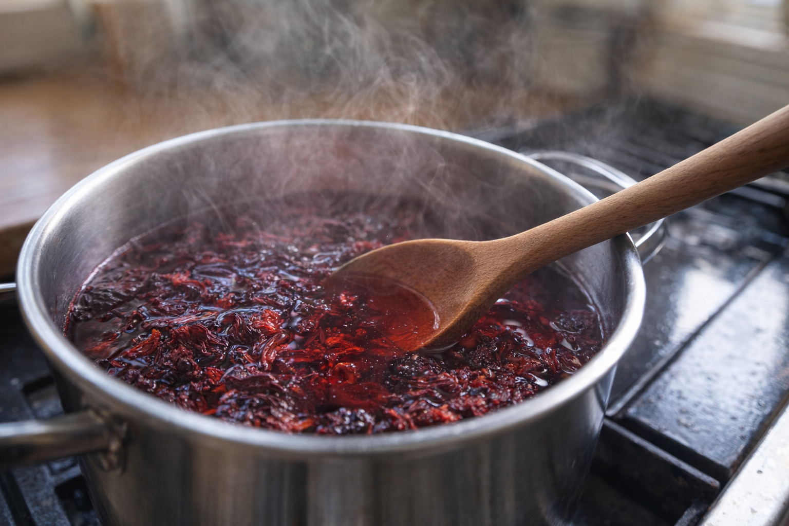 A close-up shot of dried hibiscus flowers steeping in a stainless steel pot, steam rising, vibrant red color, a wooden spoon resting on the side